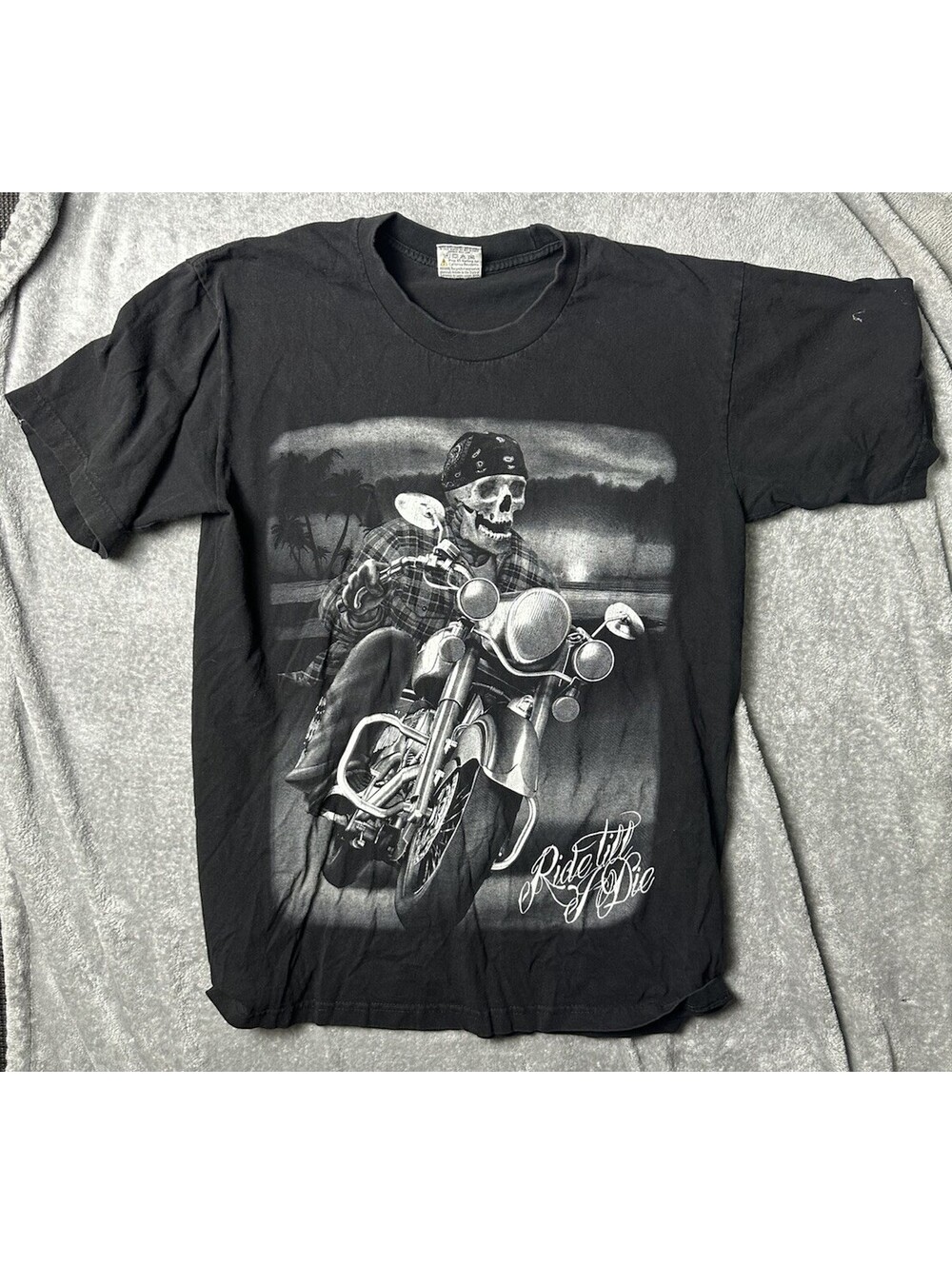 Ride Till I Die Skeleton Biker T Shirt Mens L Black Skull Motorcycle Graphic Y2K